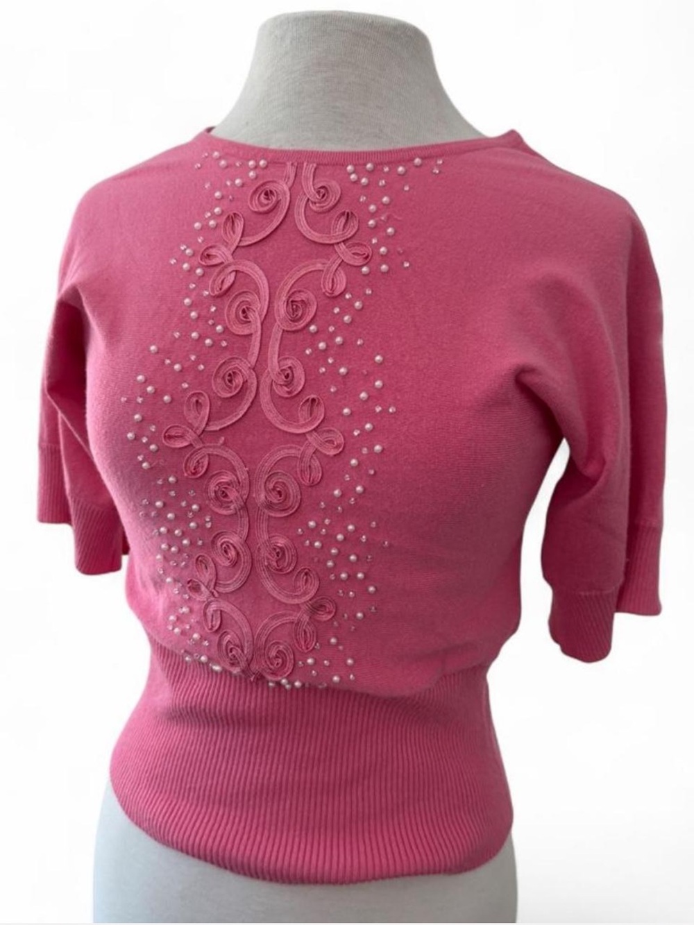 Vintage Pink Short Sleeve Knit Sweater Pearl & Ribbon Soutache Embellished Top M